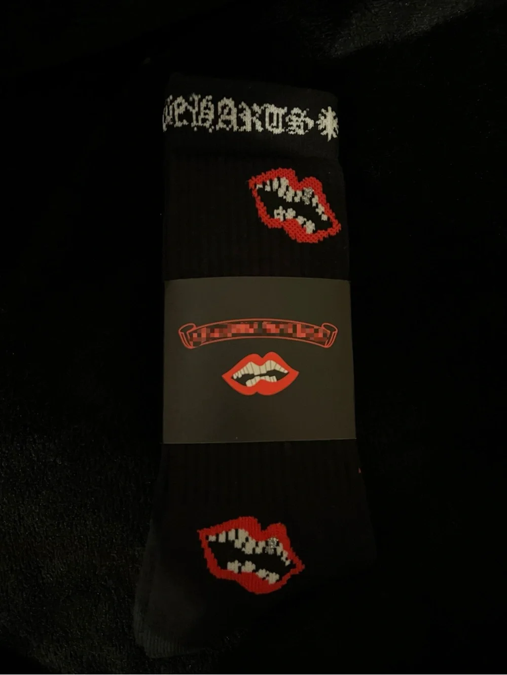 Black Crew Socks with Red Lip Motif - Designer Inspired Men's Socks